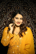 LUXURIOUS YELLOW GEORGETTE ANARKALI SUIT SET WITH LAKHNAWI WORK