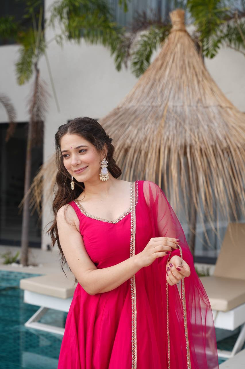 RANI PINK COLOR CHANDERI PURE ROMAN SILK ANARKALI SUIT