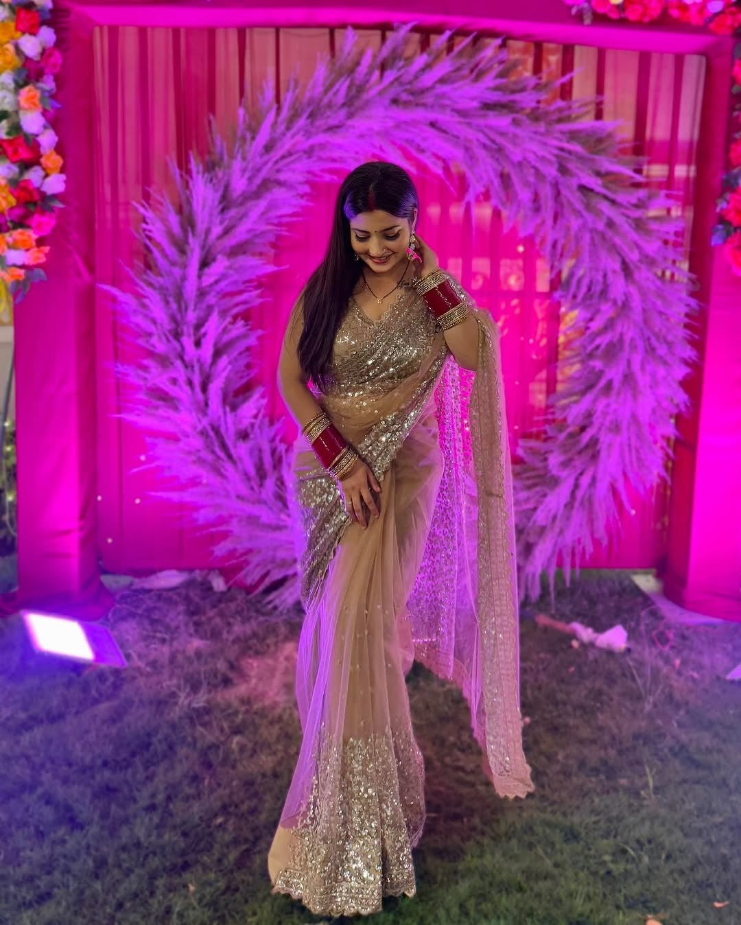 KRITIKA SINGH IN GOLDEN SOFT NET BEAUTIFUL DESIGNER SAREE