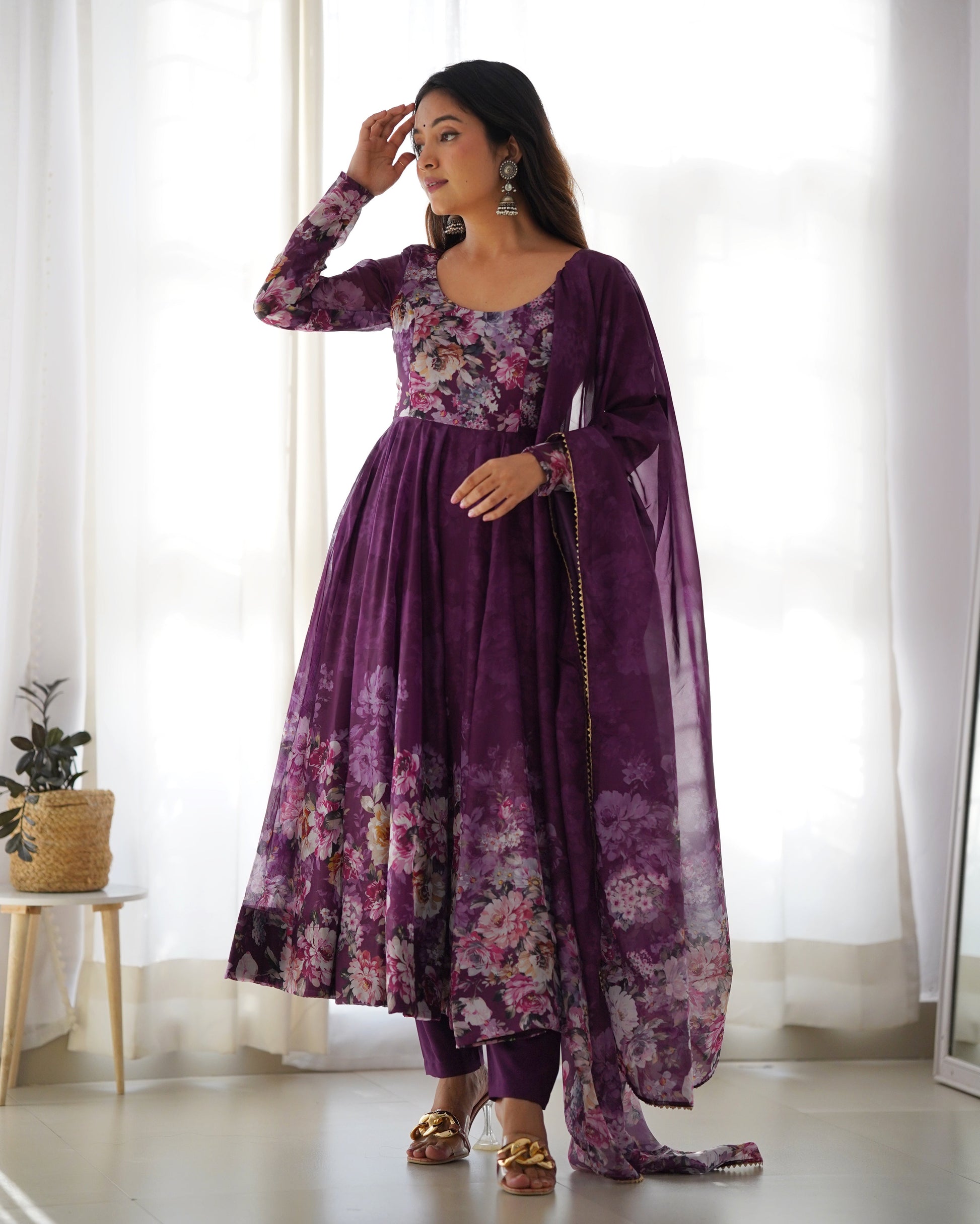 TRENDY WINE FLORAL PRINTED ANARKALI SUIT SET WITH DUPATTA - MODERN & CHIC