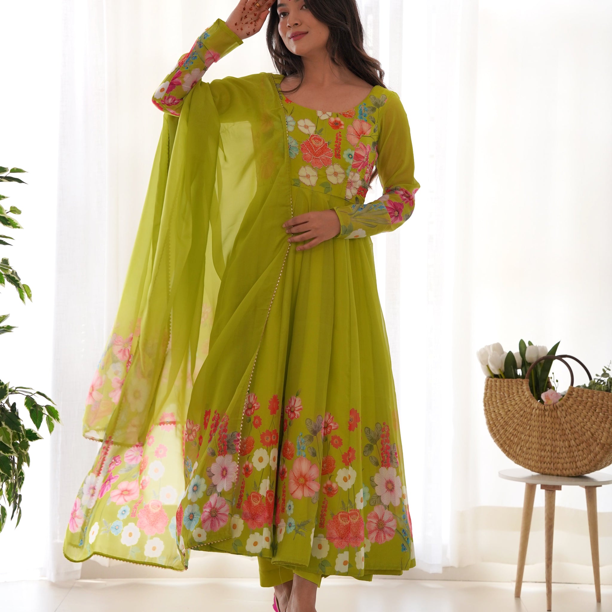 READY-TO-WEAR NEON YELLOW FLORAL ANARKALI WITH HANDWORK & DUPATTA