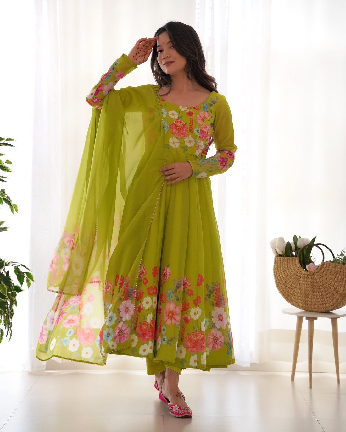 READY-TO-WEAR NEON YELLOW FLORAL ANARKALI WITH HANDWORK & DUPATTA
