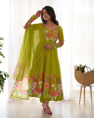READY-TO-WEAR NEON YELLOW FLORAL ANARKALI WITH HANDWORK & DUPATTA