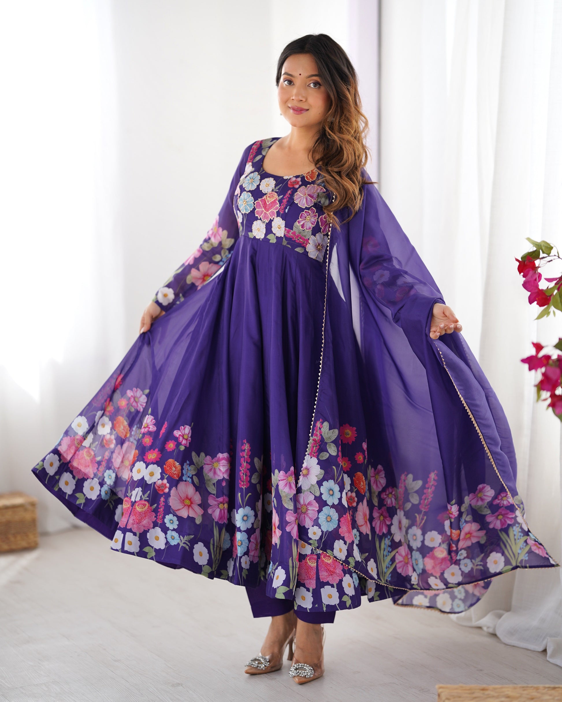 ROYAL PURPLE ORGANZA SILK ANARKALI SUIT SET
