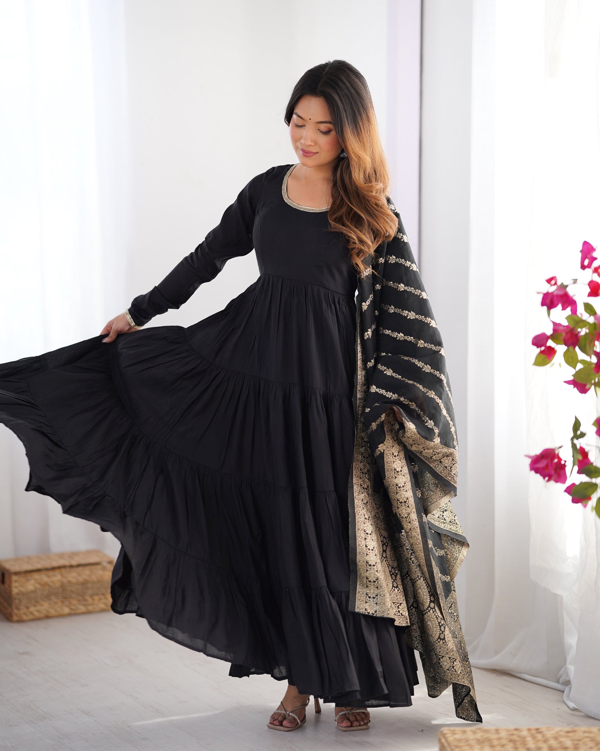 BLACK ROMAN SILK FOUR-LAYER ANARKALI GOWN SET