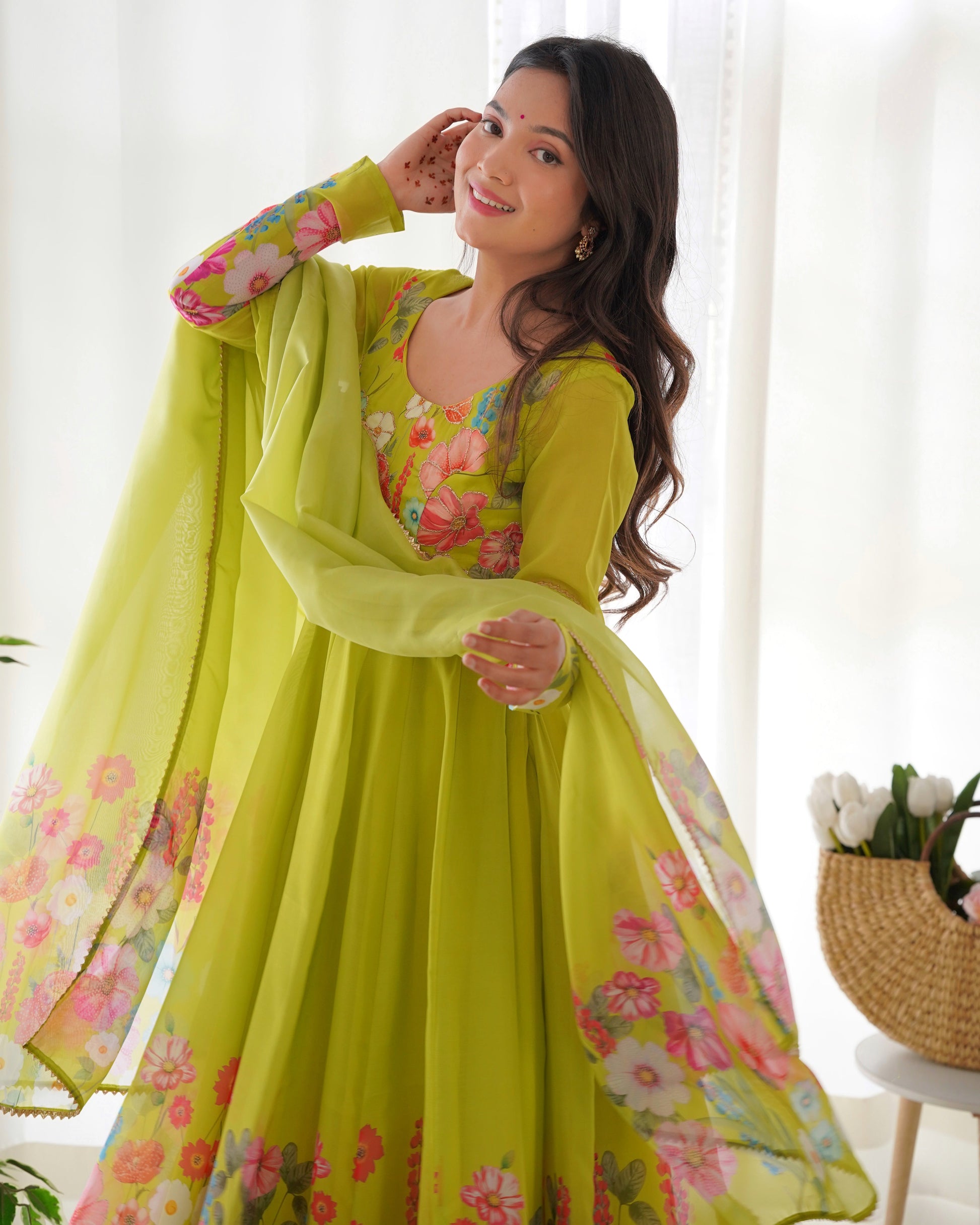 READY-TO-WEAR NEON YELLOW FLORAL ANARKALI WITH HANDWORK & DUPATTA