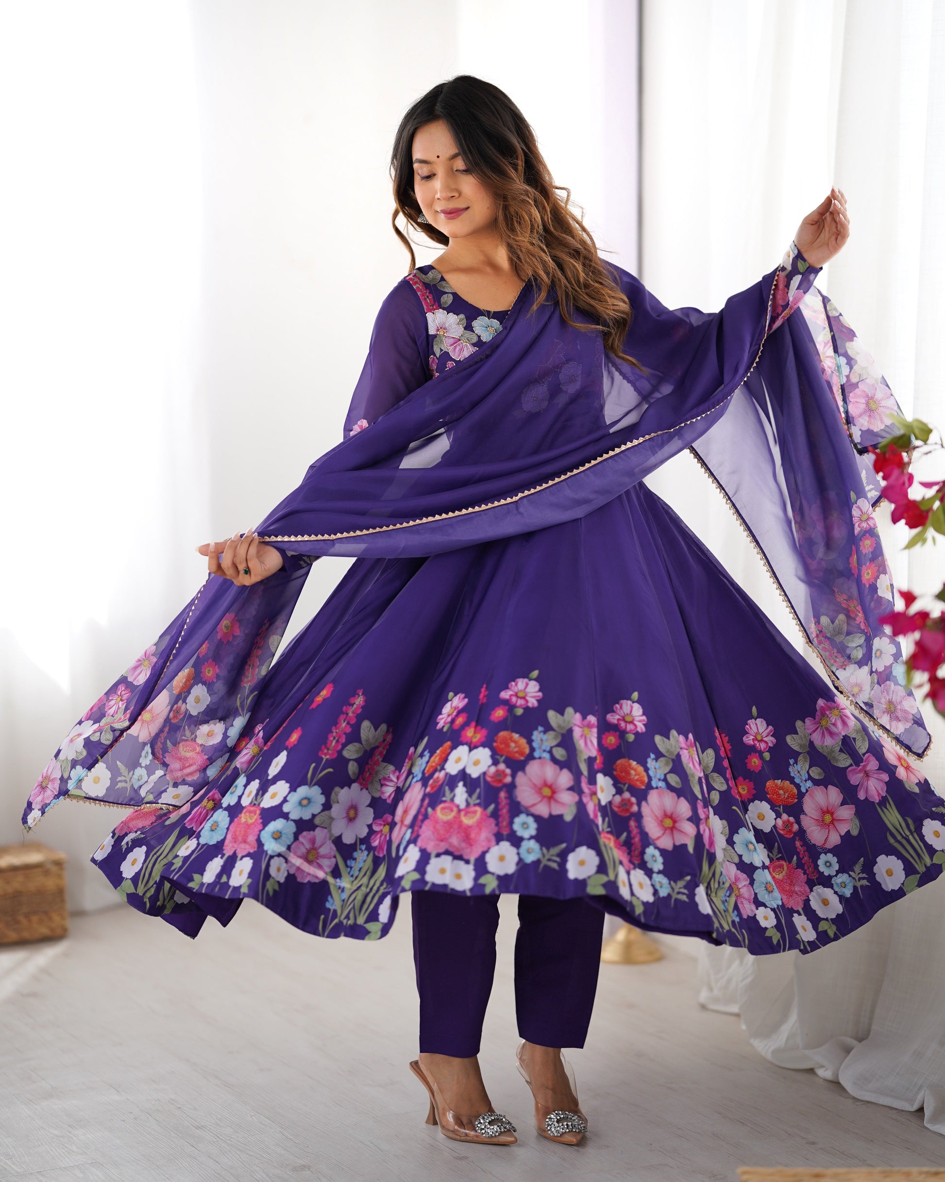 ROYAL PURPLE ORGANZA SILK ANARKALI SUIT SET