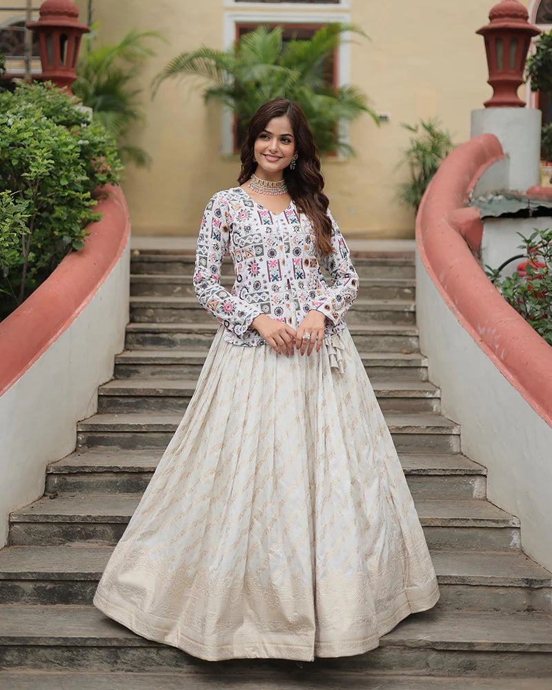 WHITE COLOR VISCOSE JACQUARD CROP TOP LEHENGA CHOLI