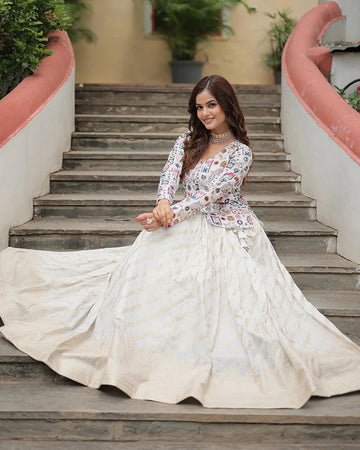 WHITE COLOR VISCOSE JACQUARD CROP TOP LEHENGA CHOLI