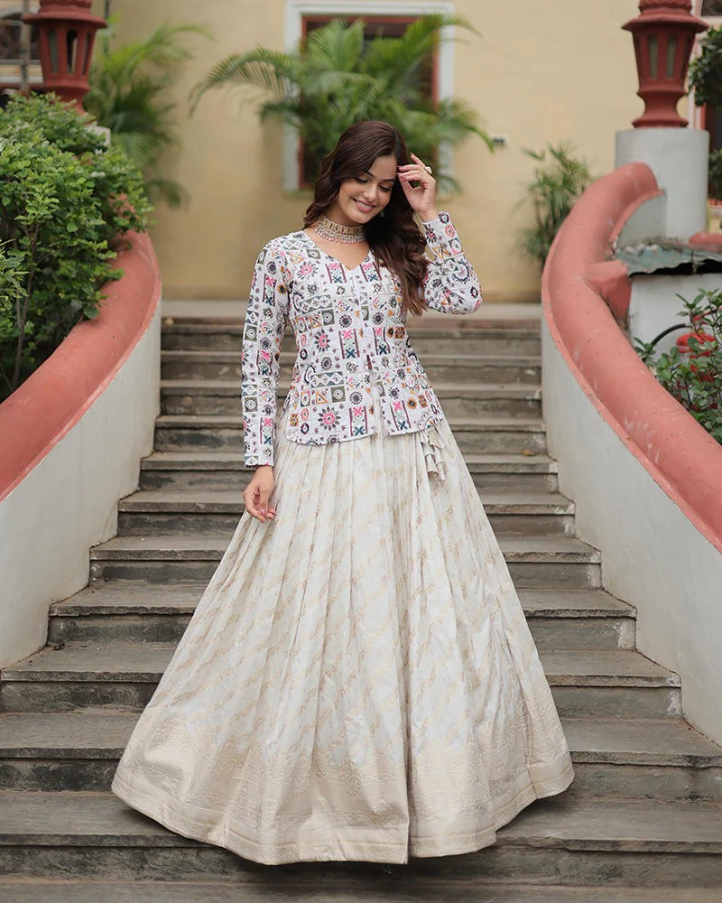 WHITE COLOR VISCOSE JACQUARD CROP TOP LEHENGA CHOLI