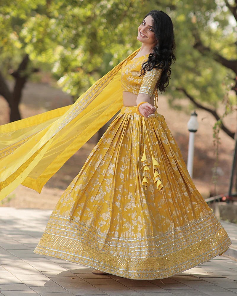 YELLOW COLOR PURE VISCOSE JACQUARD LEHENGA CHOLI