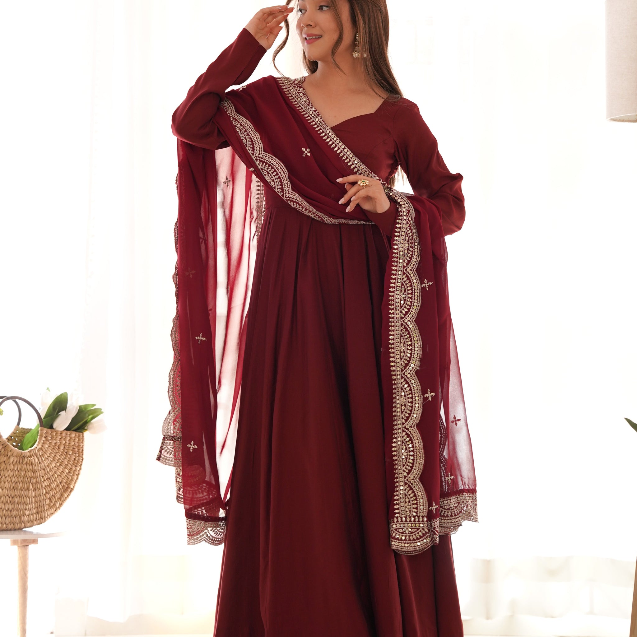 GIRLISH MAROON COLOR SILK BASE ANARKALI SUIT SET OF 3
