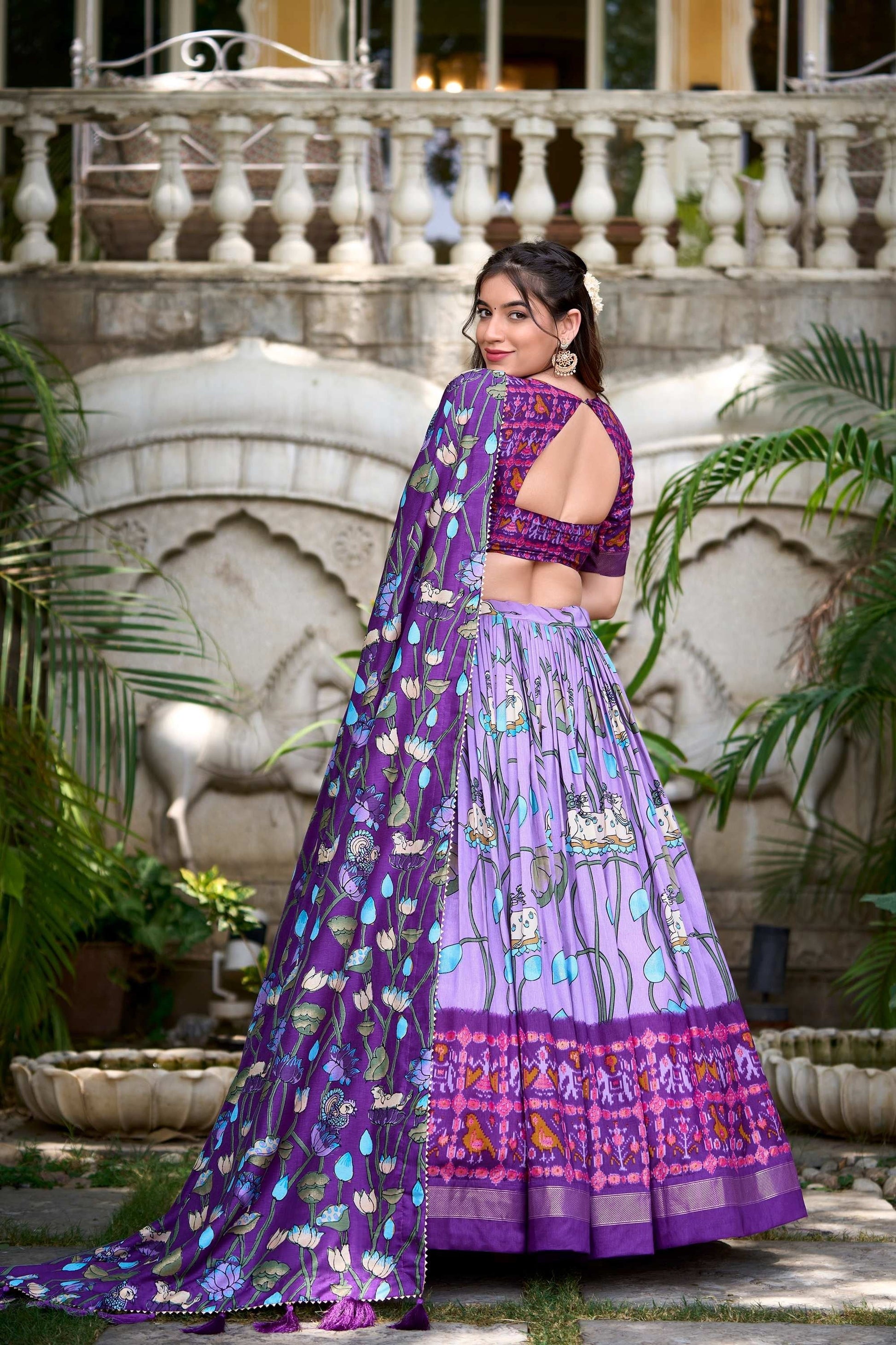LAVENDER PICHWAI & PATOLA PRINT TUSSAR SILK LEHENGA CHOLI WITH ZARI WEAVING BORDER