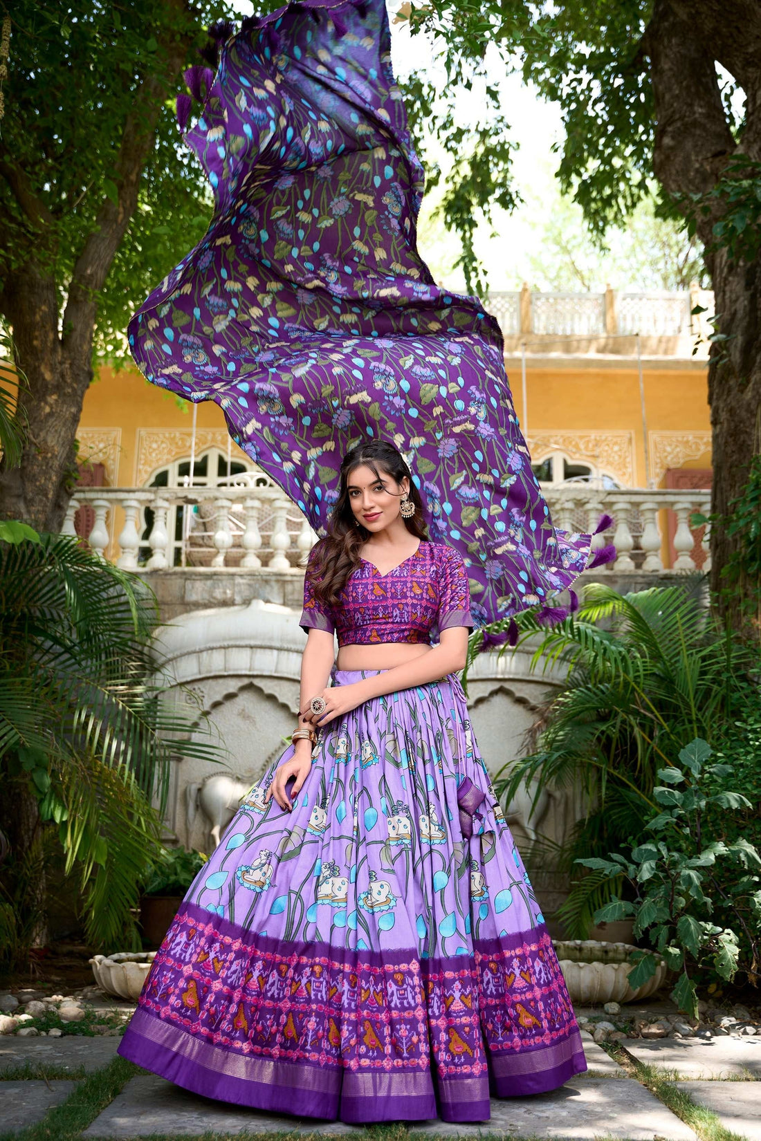 LAVENDER PICHWAI & PATOLA PRINT TUSSAR SILK LEHENGA CHOLI WITH ZARI WEAVING BORDER