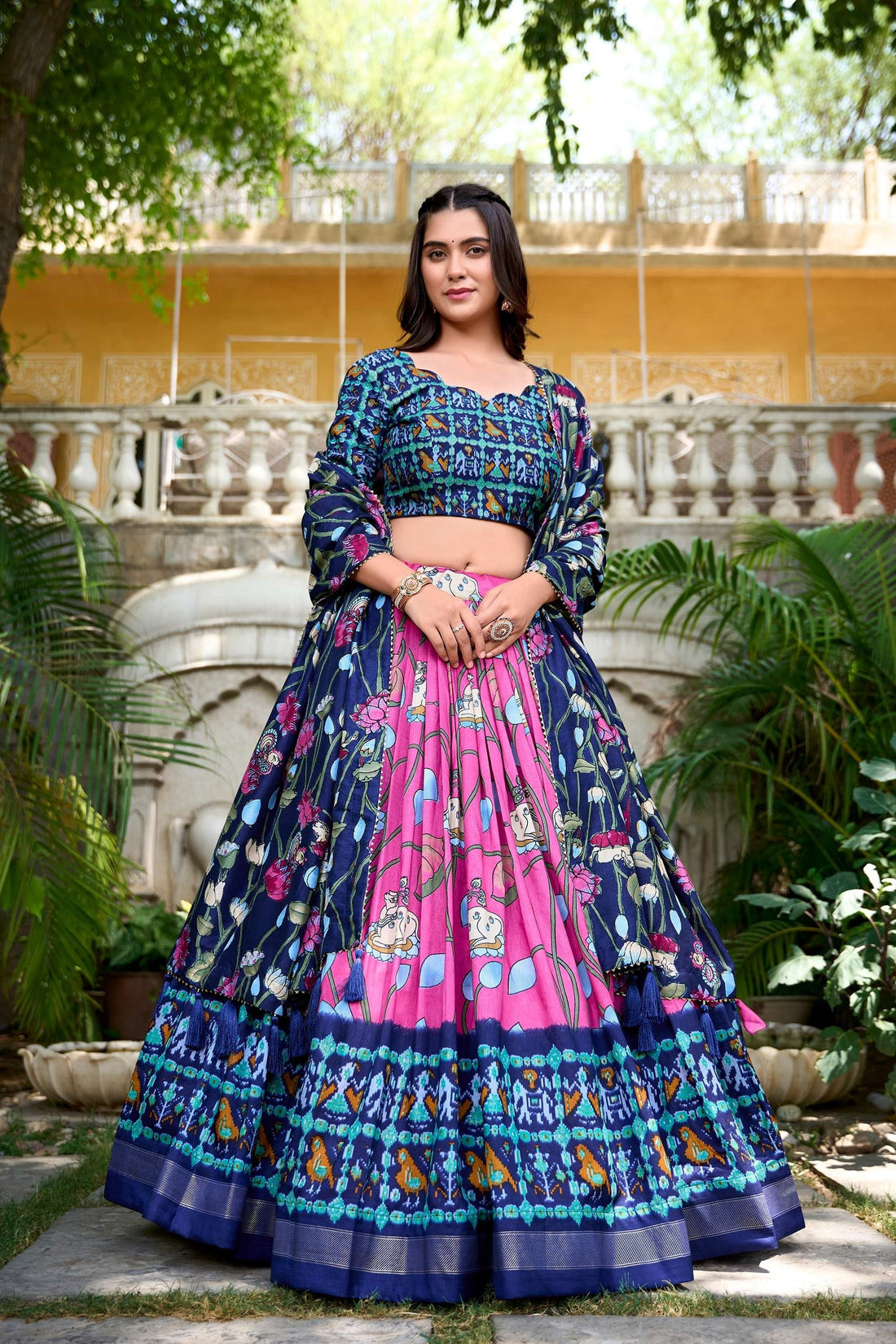 PINK TUSSAR SILK LEHENGA CHOLI SET WITH PICHWAI AND PATOLA PRINT ELEGANT ETHNIC WEAR