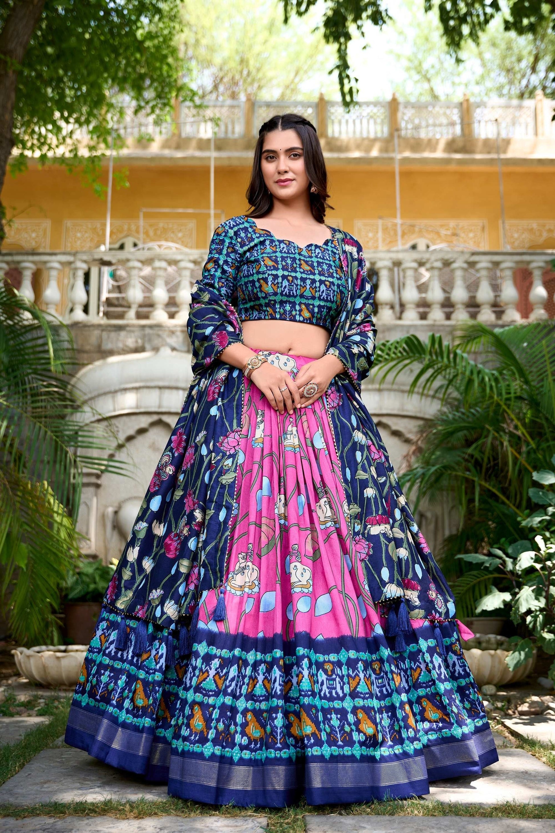 PINK TUSSAR SILK LEHENGA CHOLI SET WITH PICHWAI AND PATOLA PRINT ELEGANT ETHNIC WEAR