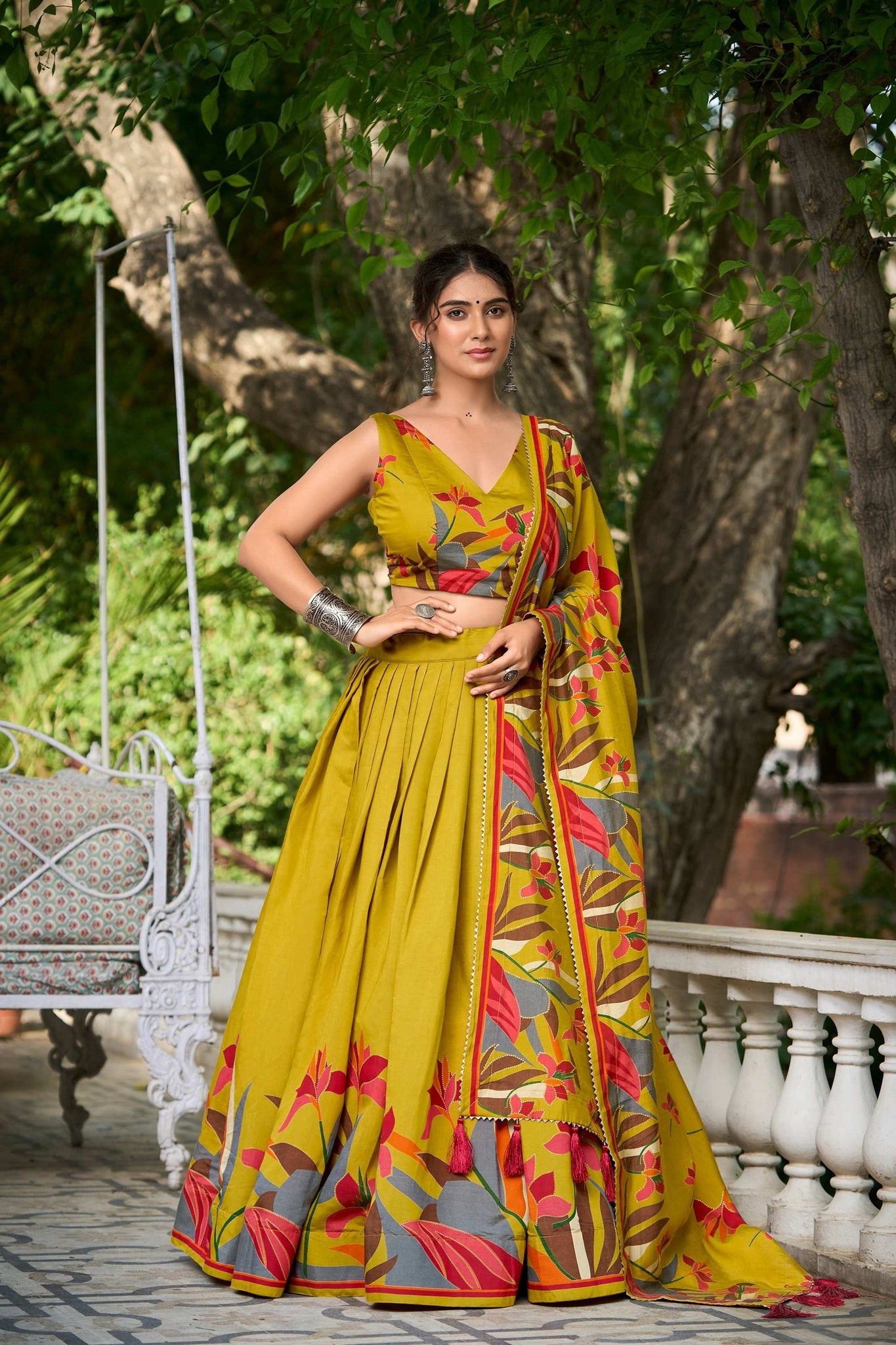 MUSTARD COLOR FLORAL PRINT WITH FOIL WORK VISCOSE CHANDERI LEHENGA CHOLI