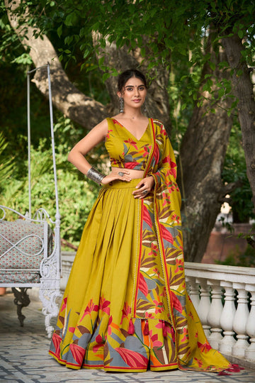 MUSTARD COLOR FLORAL PRINT WITH FOIL WORK VISCOSE CHANDERI LEHENGA CHOLI