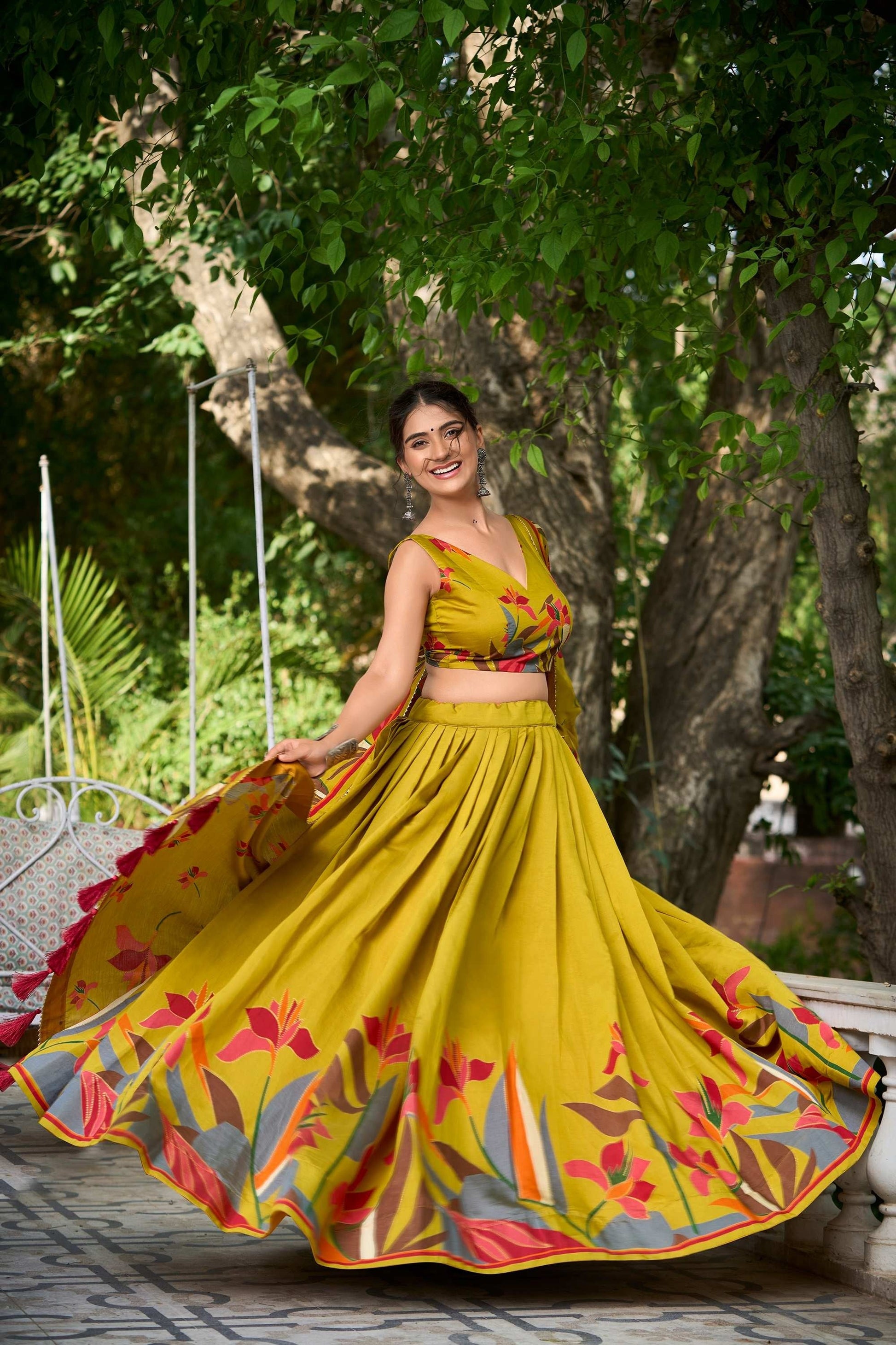 MUSTARD COLOR FLORAL PRINT WITH FOIL WORK VISCOSE CHANDERI LEHENGA CHOLI