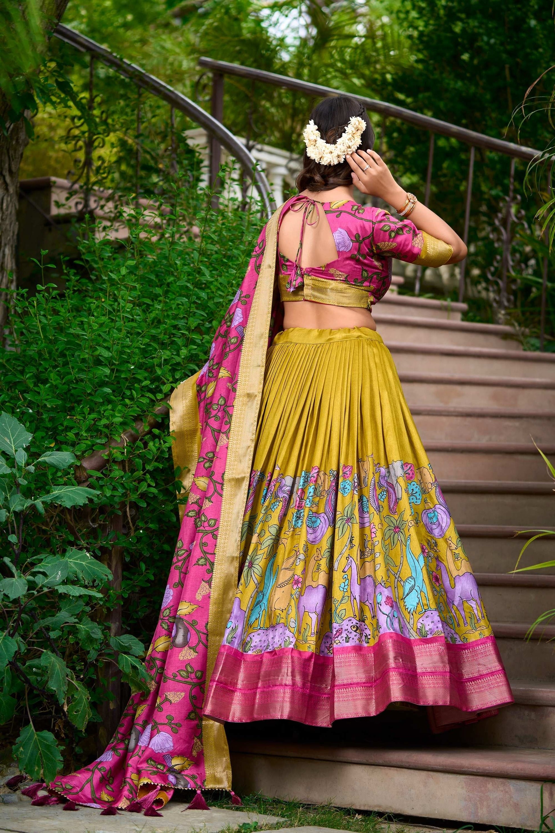 MUSTARD DOLA SILK LEHENGA CHOLI SET WITH KALAMKARI PRINT AND ZARI WEAVING
