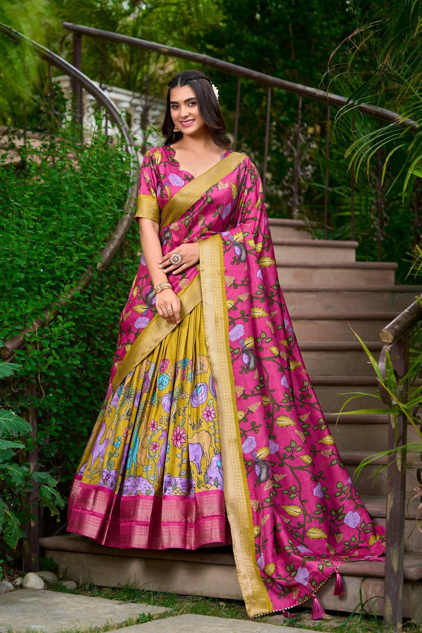 MUSTARD DOLA SILK LEHENGA CHOLI SET WITH KALAMKARI PRINT AND ZARI WEAVING