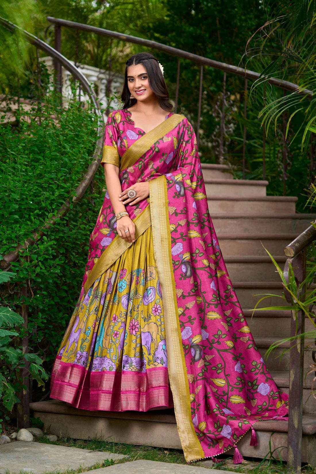 MUSTARD DOLA SILK LEHENGA CHOLI SET WITH KALAMKARI PRINT AND ZARI WEAVING