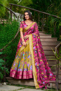 MUSTARD DOLA SILK LEHENGA CHOLI SET WITH KALAMKARI PRINT AND ZARI WEAVING