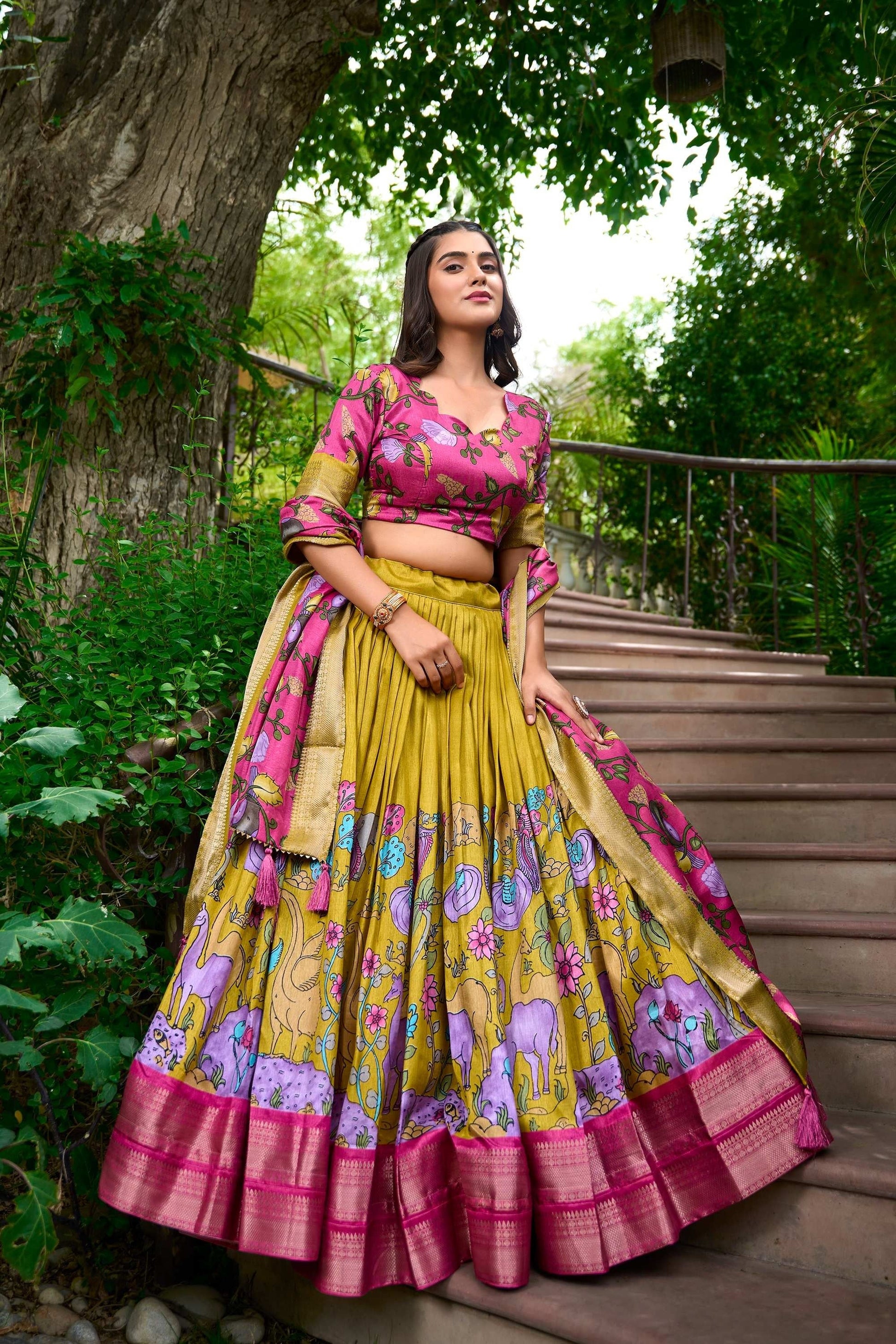 MUSTARD DOLA SILK LEHENGA CHOLI SET WITH KALAMKARI PRINT AND ZARI WEAVING