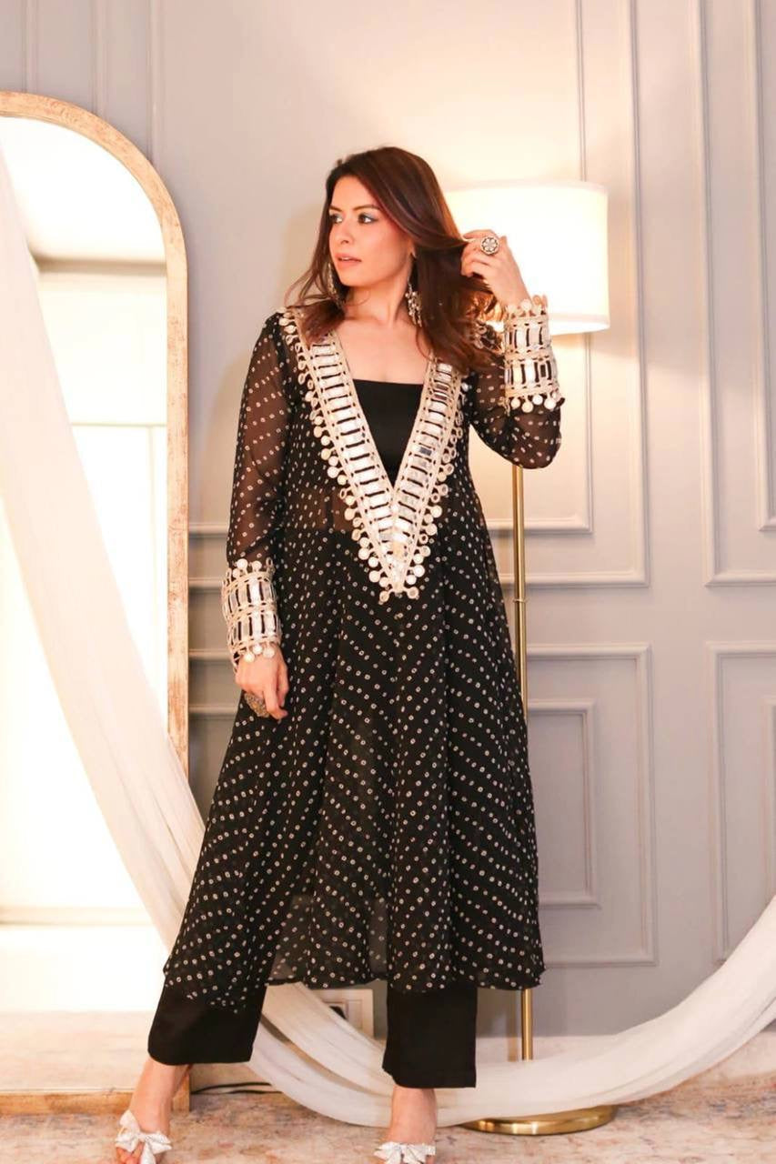 BLACK BANDHANI PRINT MIRROR WORK CORD SET