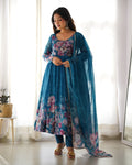 LUXURIOUS TURKISH FLORAL PRINTED ORGANZA ANARKALI SUIT SET WITH DUPATTA
