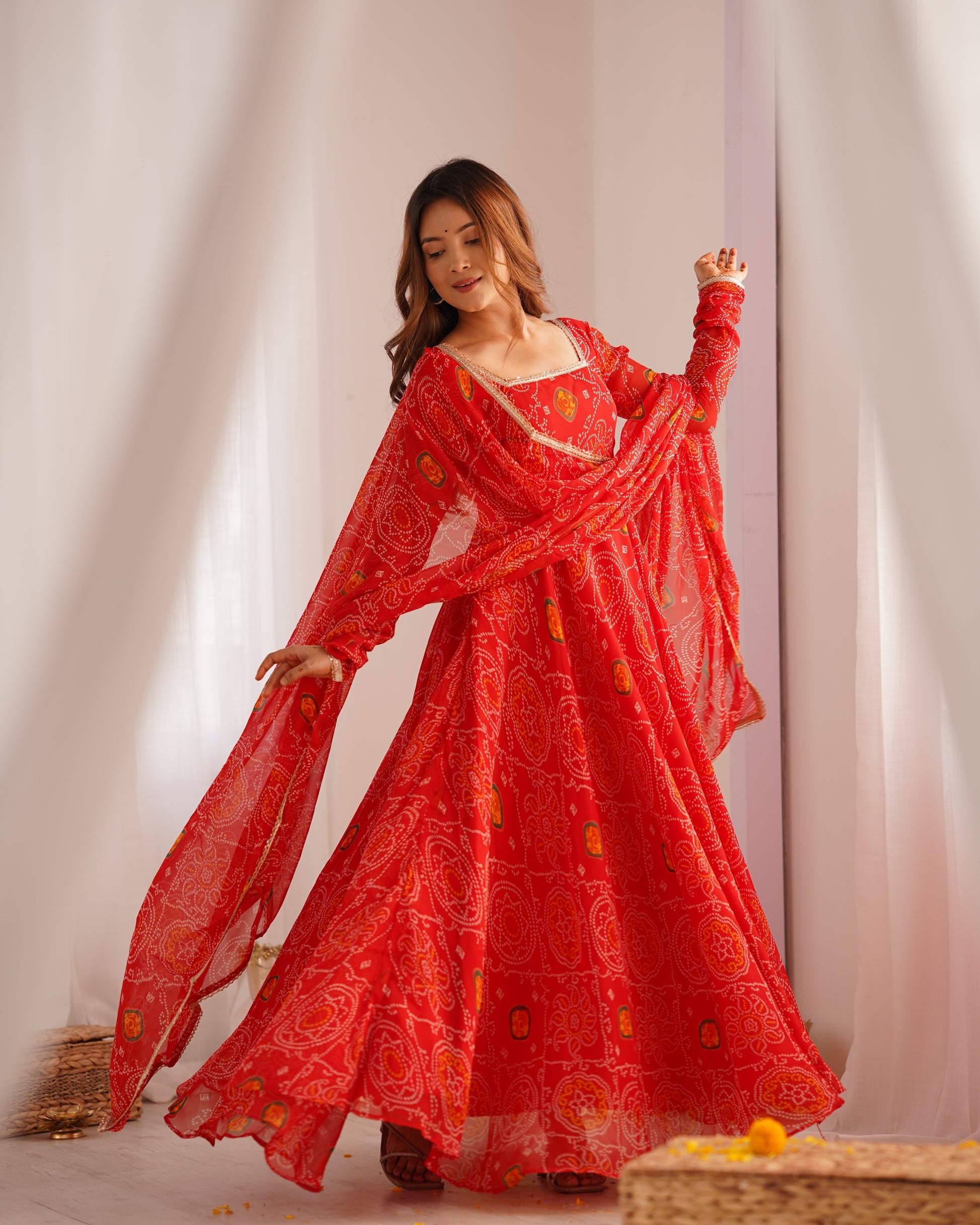FLORAL RED COLOR BANDHANI PRINT SOFT CHIFFON THREE PIECE ANARKALI GOWN