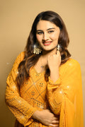 LUXURIOUS YELLOW GEORGETTE ANARKALI SUIT SET WITH LAKHNAWI WORK
