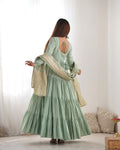 PISTACHIO GREEN ROMAN SILK FOUR-LAYER ANARKALI GOWN SET