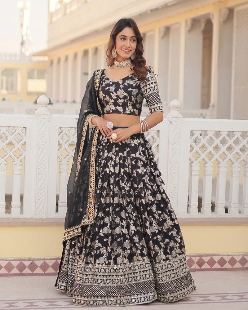 BLACK COLOR PURE VISCOSE JACQUARD LEHENGA CHOLI