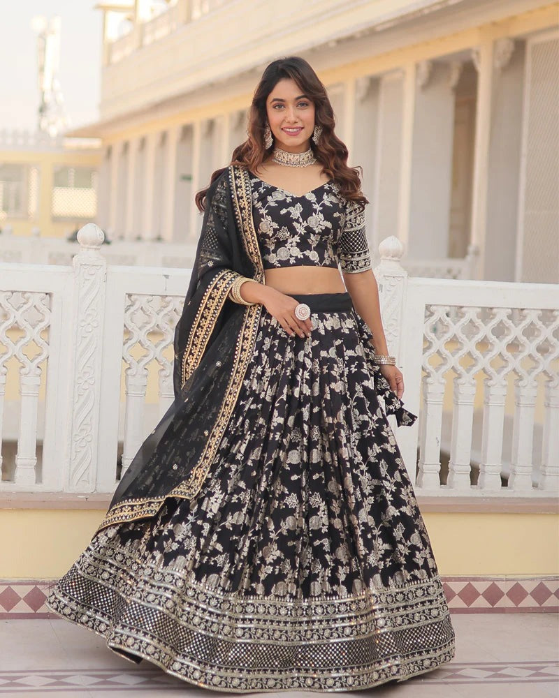 BLACK COLOR PURE VISCOSE JACQUARD LEHENGA CHOLI