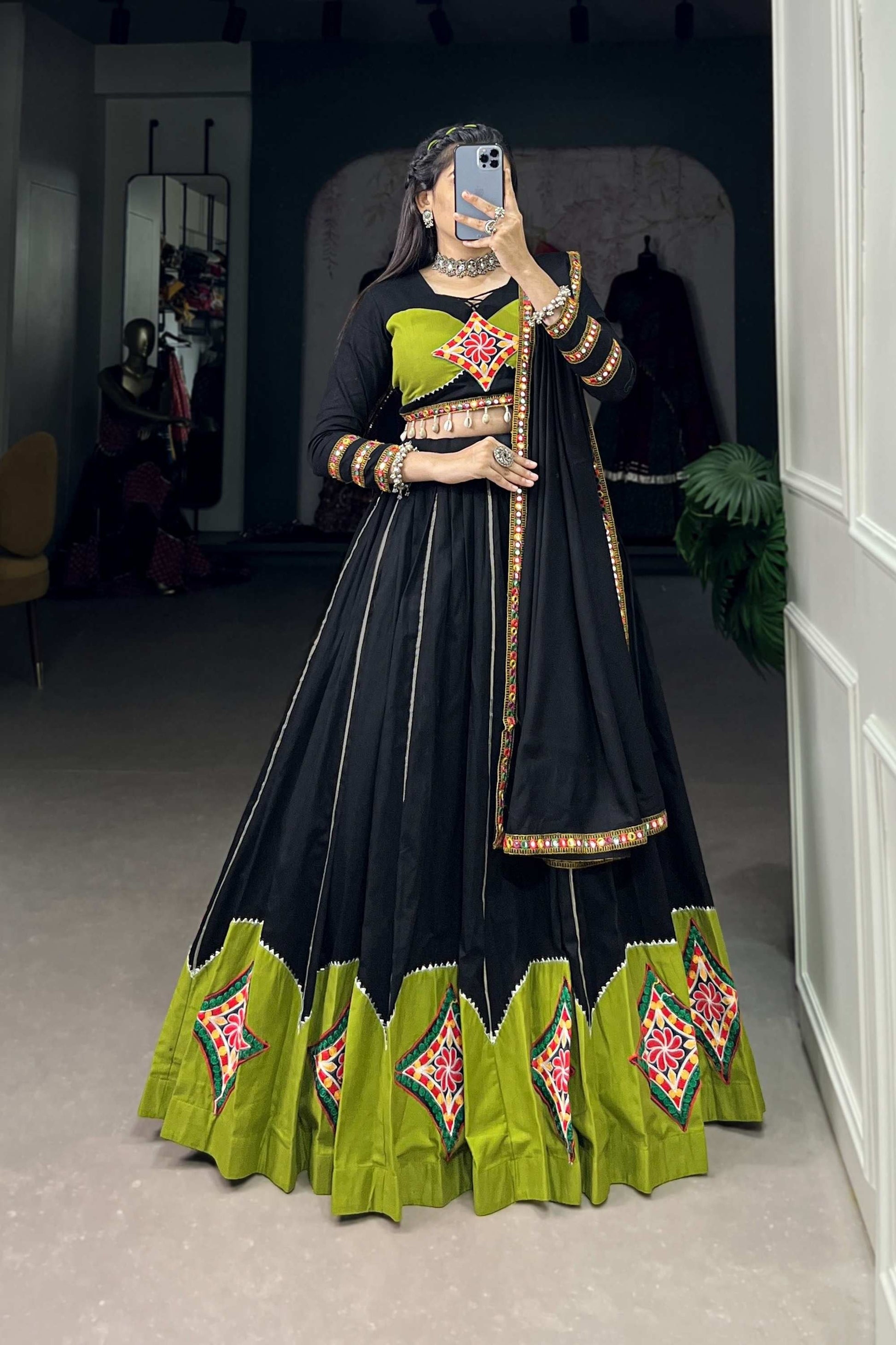 NAVRATRI GAMTHI PATCH WORK AND GOTA PATTI LACE TRADITIONAL COTTON LEHENGA