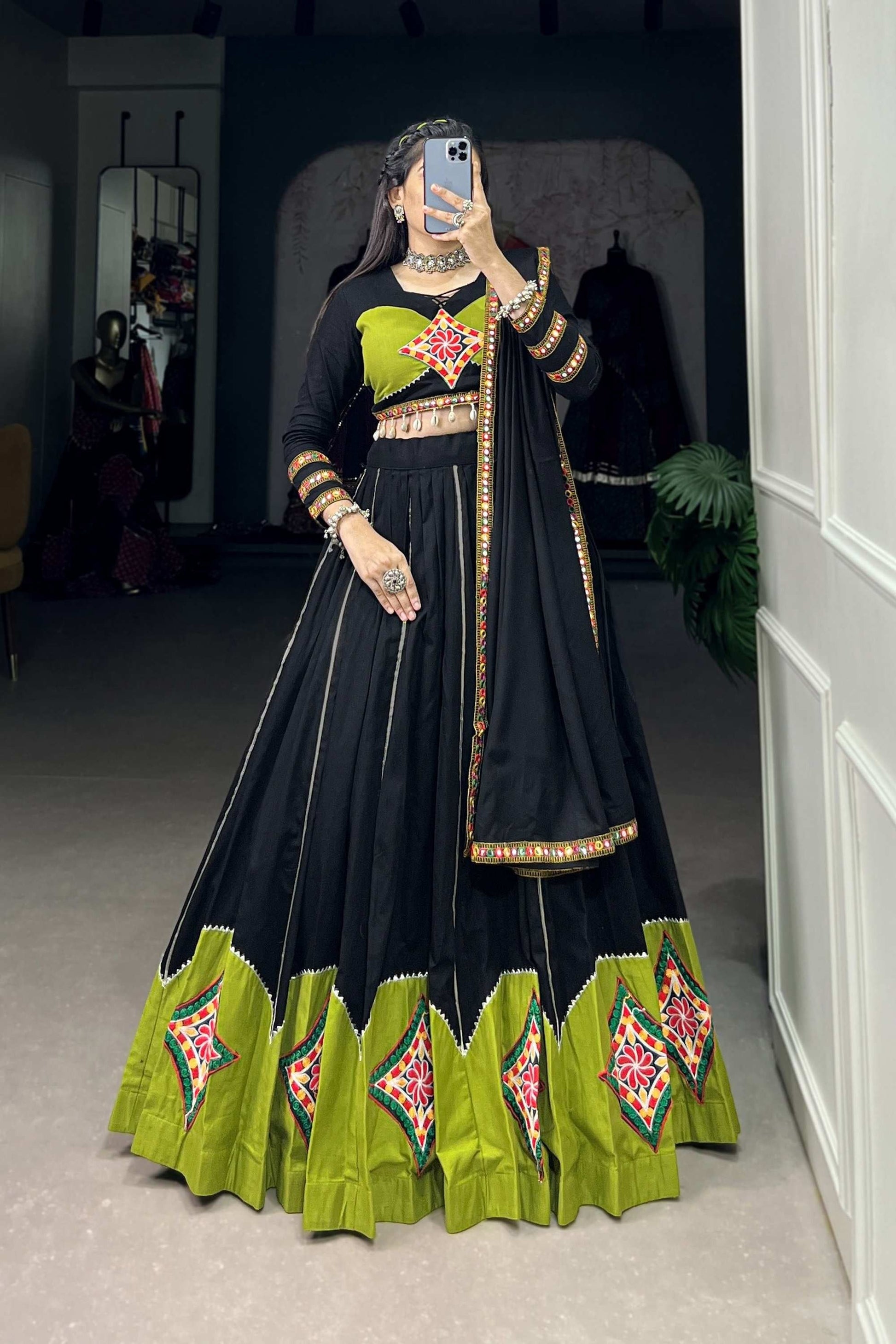 NAVRATRI GAMTHI PATCH WORK AND GOTA PATTI LACE TRADITIONAL COTTON LEHENGA