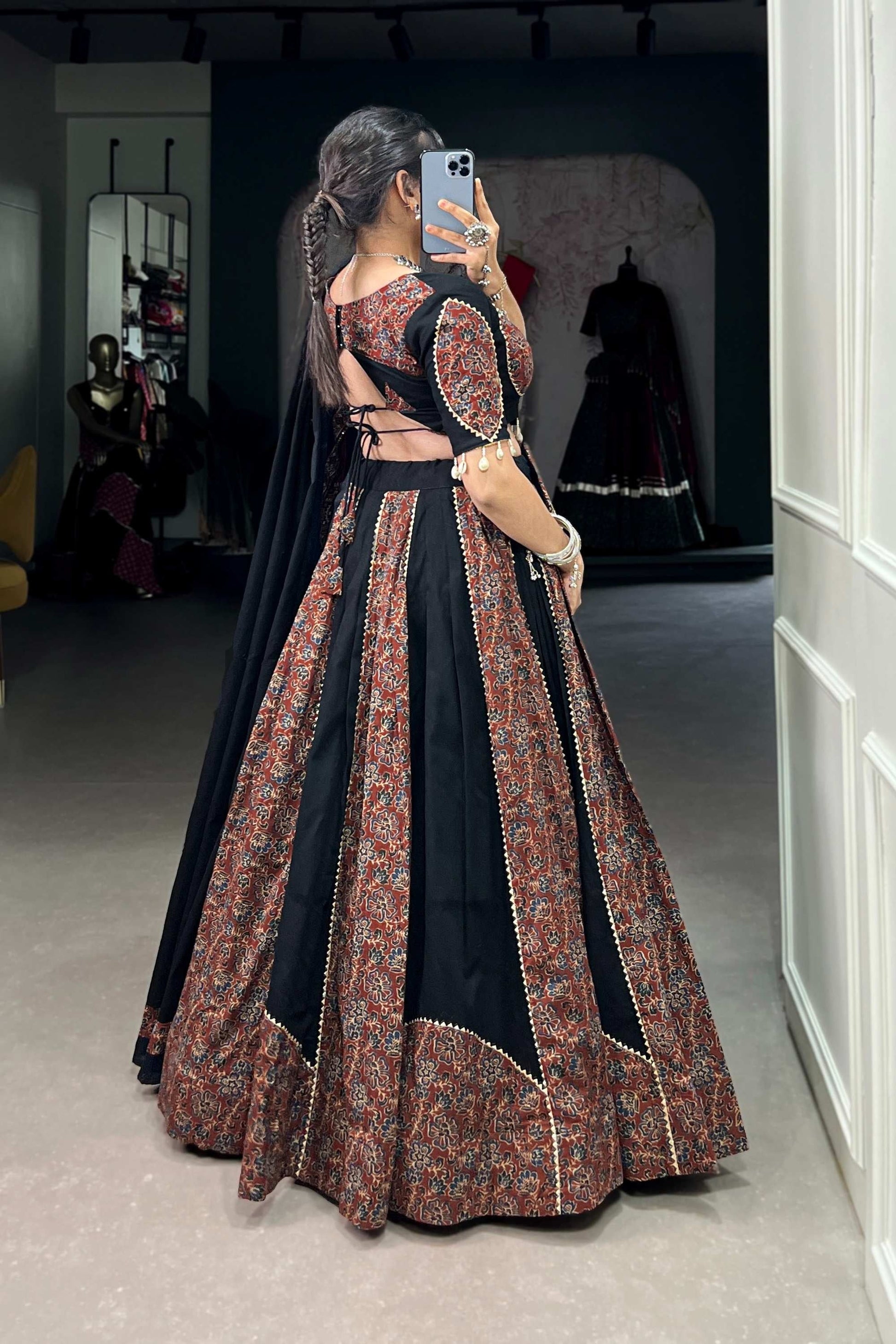 BLACK COTTON CHANIYA CHOLI SET WITH GOTA PATTI AND PRINTED WORK TRADITIONAL LEHENGA