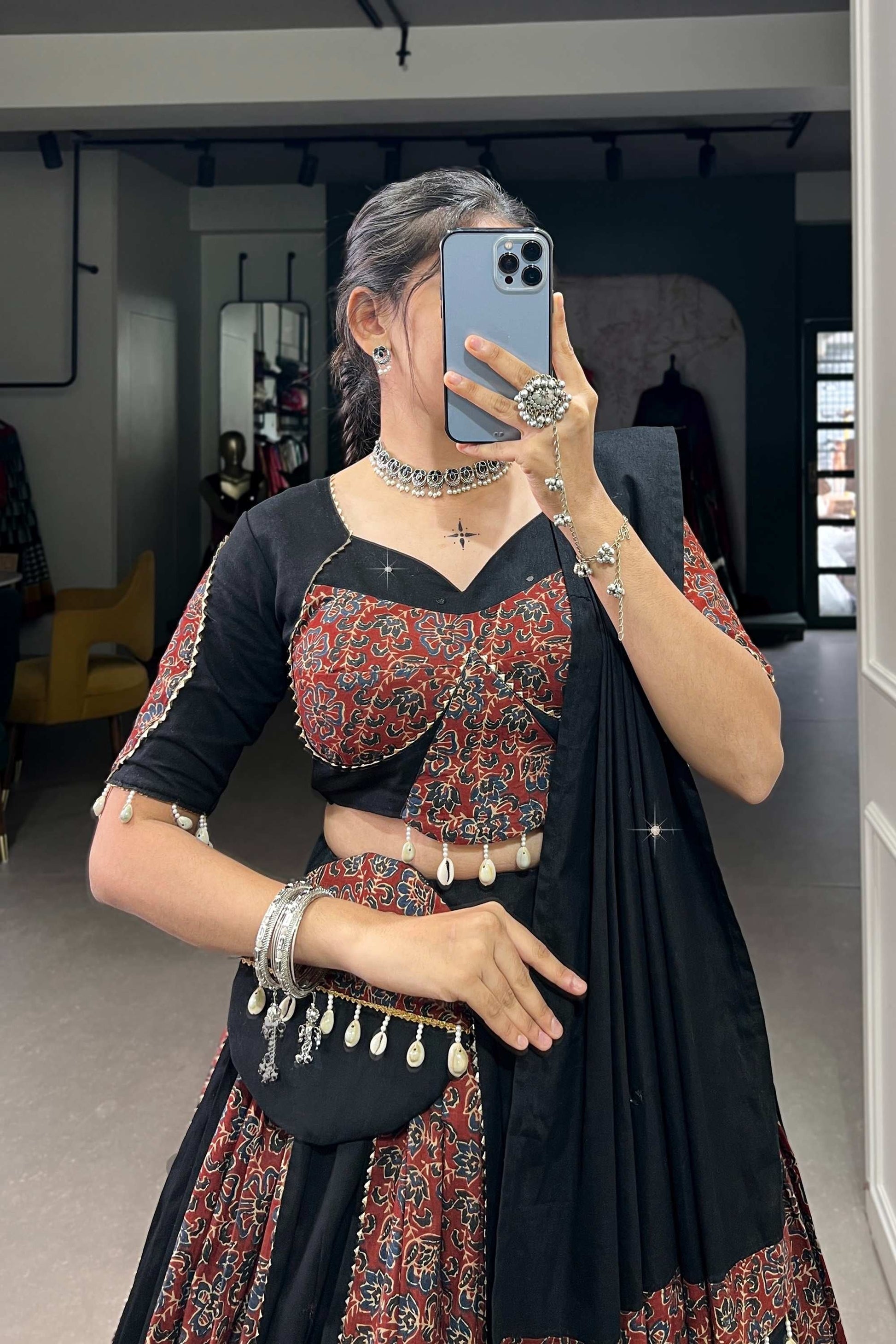 BLACK COTTON CHANIYA CHOLI SET WITH GOTA PATTI AND PRINTED WORK TRADITIONAL LEHENGA