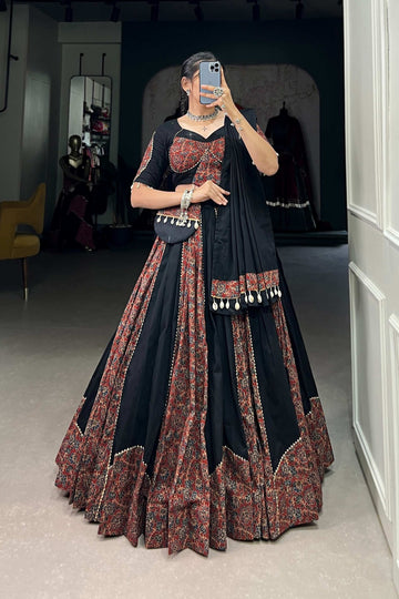 BLACK COTTON CHANIYA CHOLI SET WITH GOTA PATTI AND PRINTED WORK TRADITIONAL LEHENGA