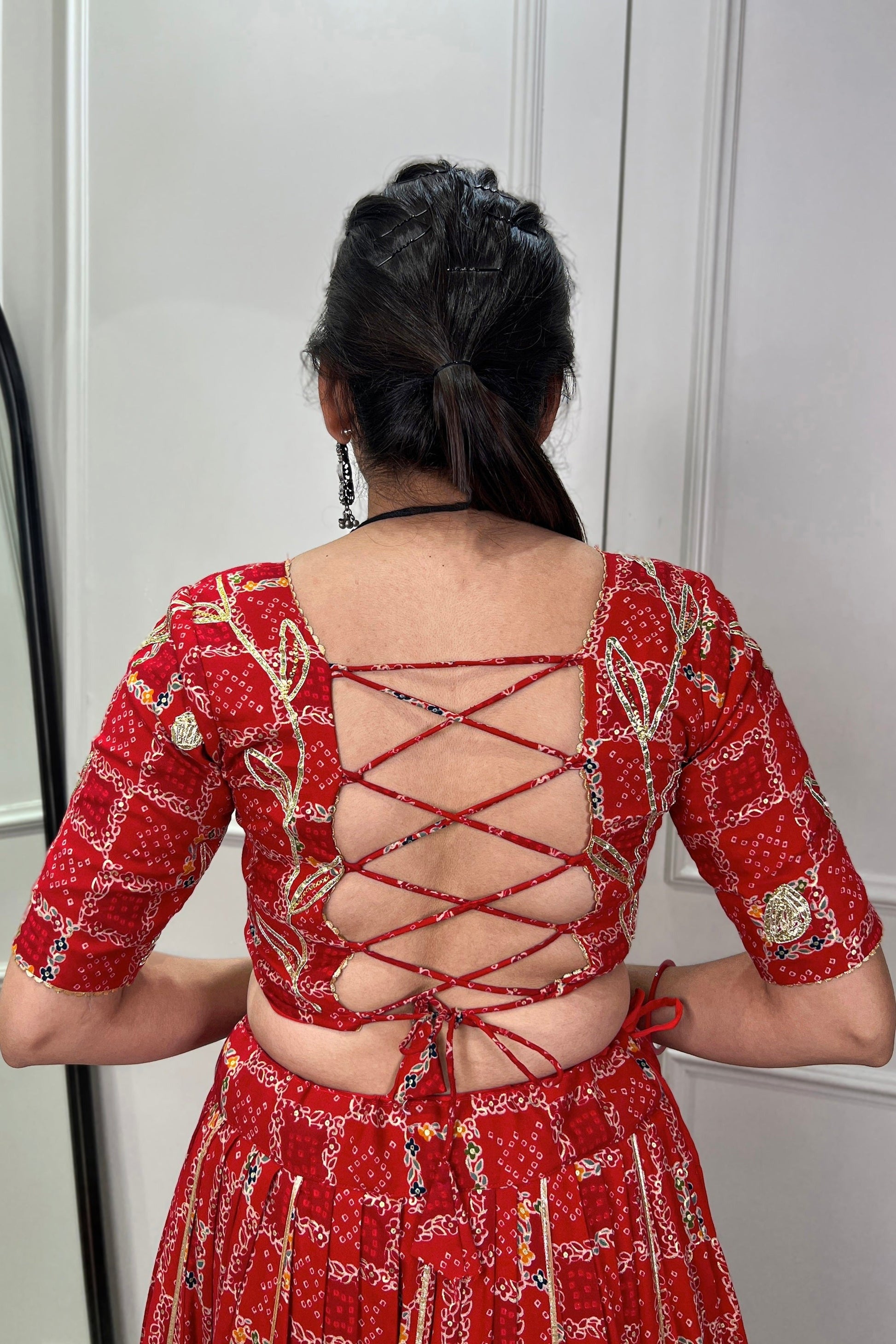 RED COLOR FOLI PRINTED WITH GOTA PATTI AND PAPER MIRROR WORK RAYON CHANIYA CHOLI