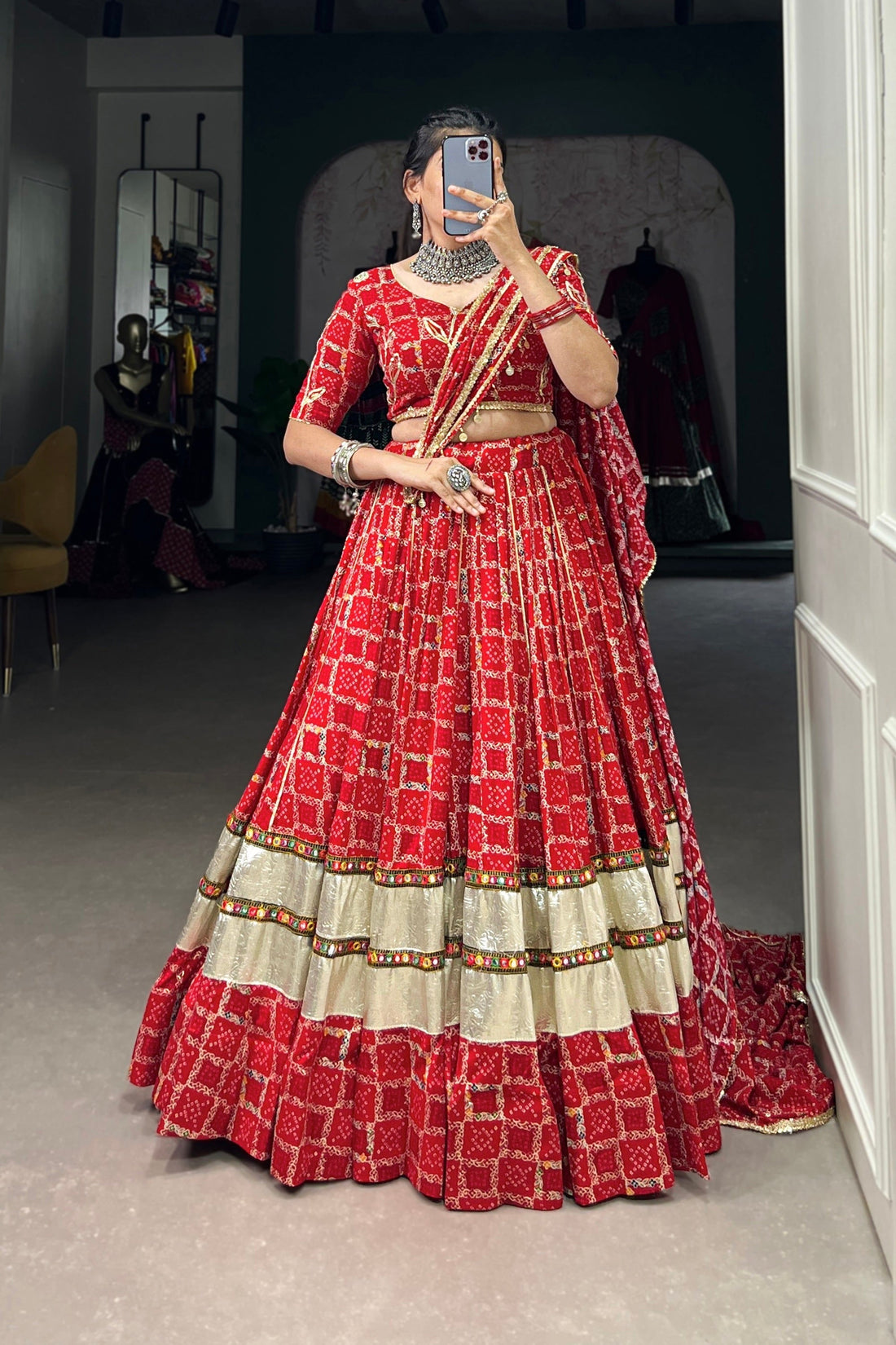 RED COLOR FOLI PRINTED WITH GOTA PATTI AND PAPER MIRROR WORK RAYON CHANIYA CHOLI