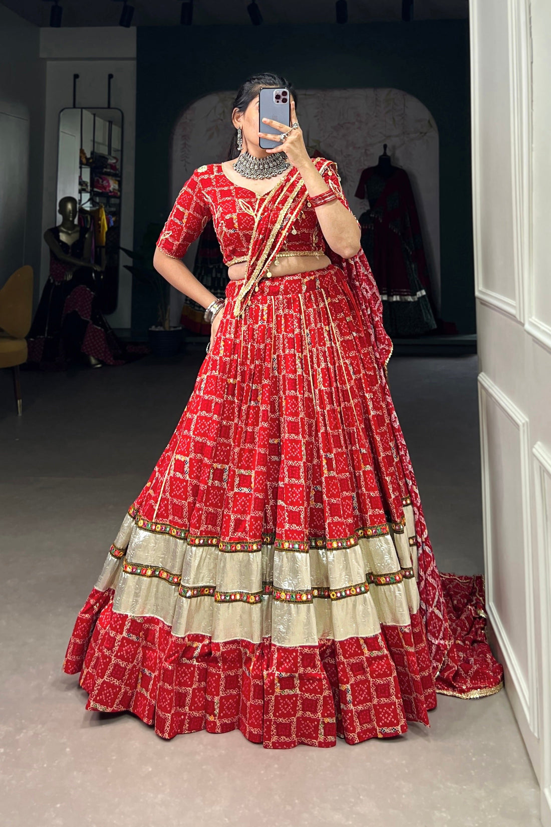 RED COLOR FOLI PRINTED WITH GOTA PATTI AND PAPER MIRROR WORK RAYON CHANIYA CHOLI