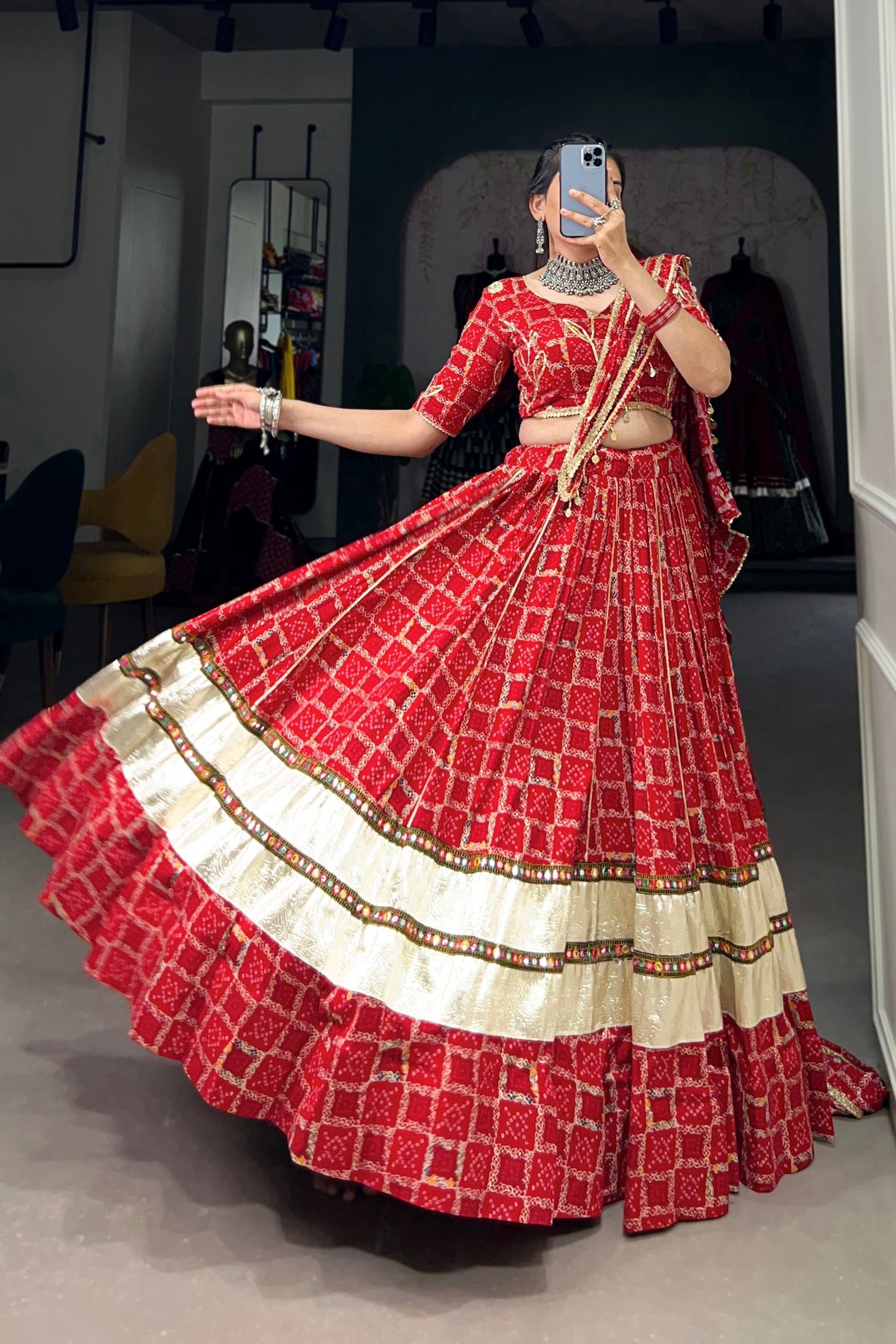 RED COLOR FOLI PRINTED WITH GOTA PATTI AND PAPER MIRROR WORK RAYON CHANIYA CHOLI