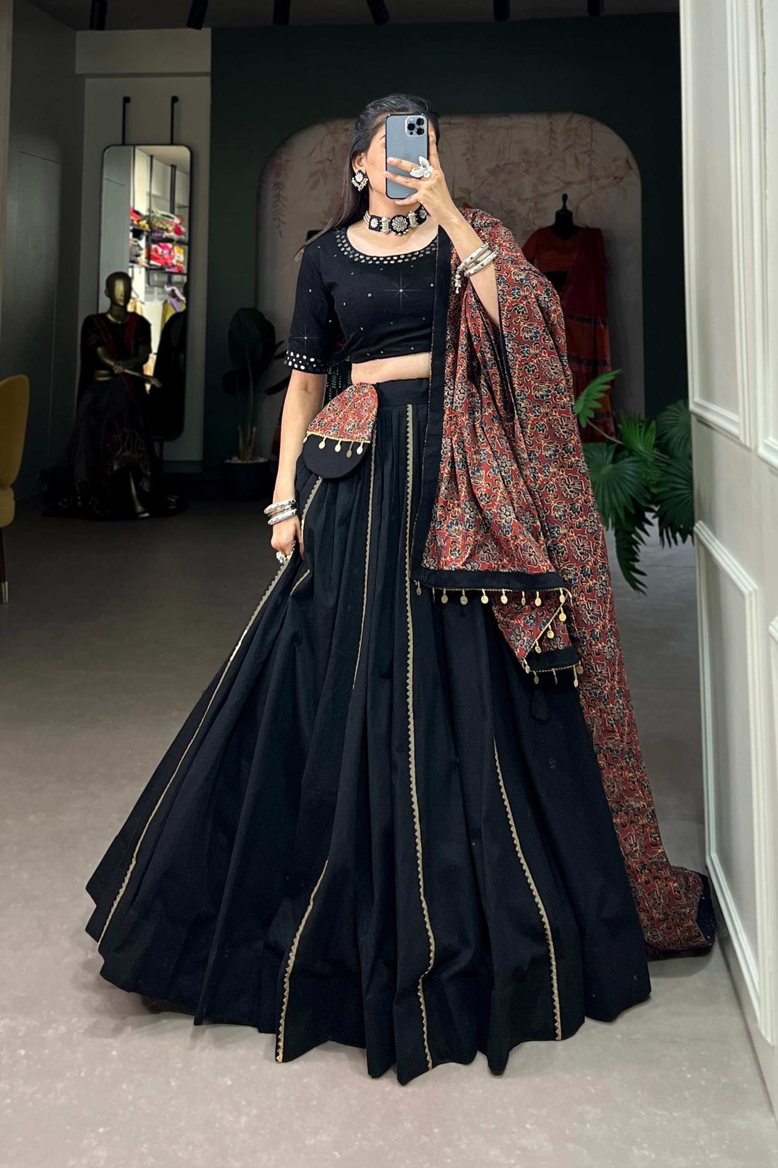 BLACK COTTON TRADITIONAL LEHENGA CHOLI SET WITH GOTA PATTI WORK