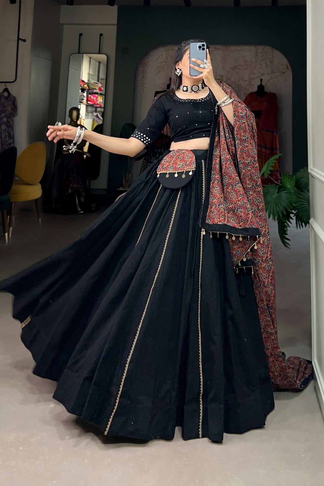 BLACK COTTON TRADITIONAL LEHENGA CHOLI SET WITH GOTA PATTI WORK
