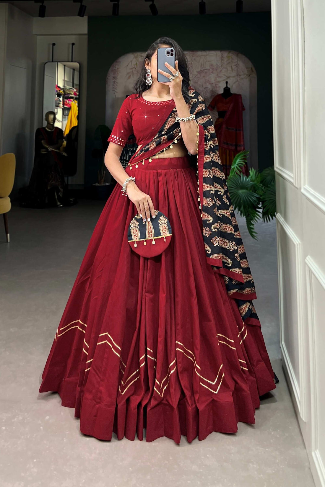 MAROON COLOR PLAIN WITH GOTA PATTI COTTON NAVRATRI CHANIYA CHOLI BY FABVILLA