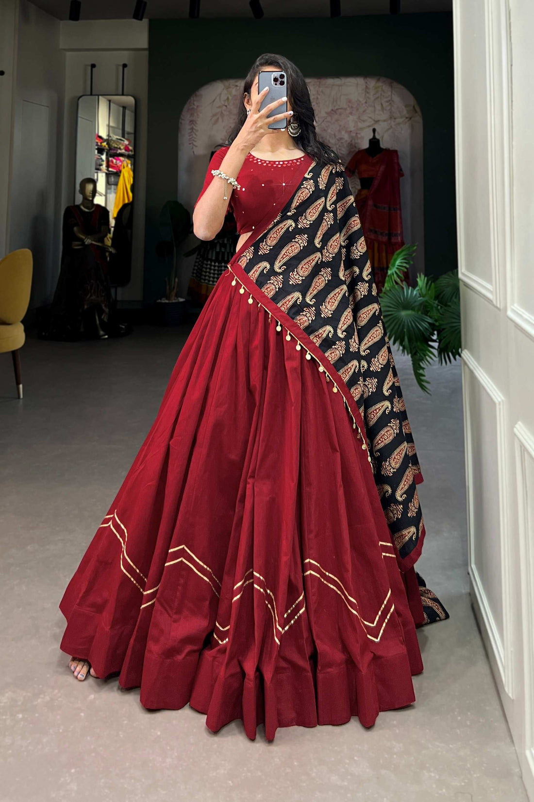 MAROON COLOR PLAIN WITH GOTA PATTI COTTON NAVRATRI CHANIYA CHOLI BY FABVILLA