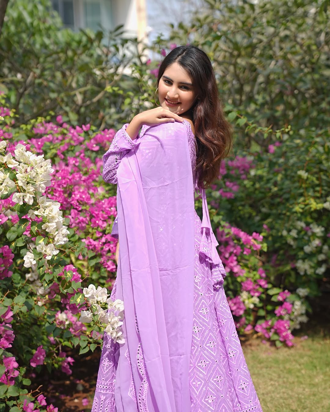 LUXURIOUS LAVENDER GEORGETTE ANARKALI SUIT SET WITH LAKHNAWI WORK