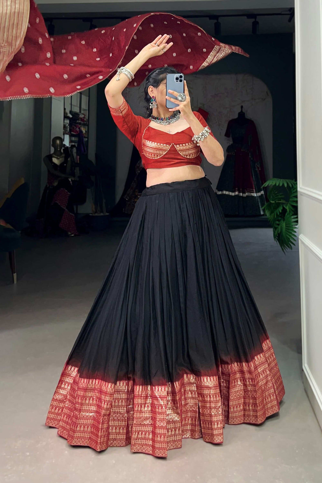 FABVILLA BLACK PURE CHAMDERI LEHENGA SET WITH ZARI WEAVING WORK BORDER AND BANDHEJ PRINT DUPATTA